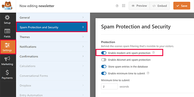 enable modern anti spam protection wpforms
