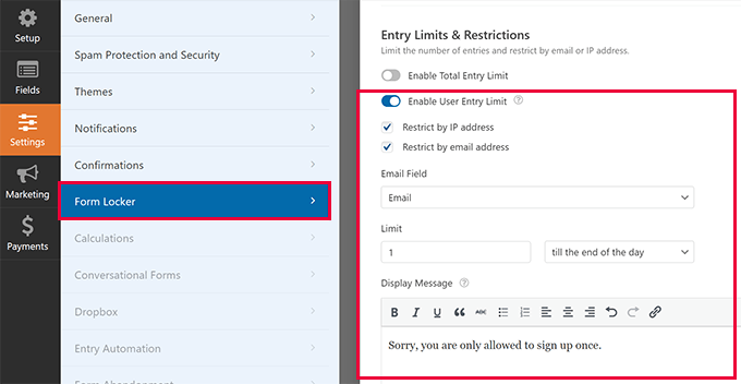 limit user entry limit wpforms