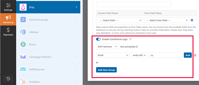 wpforms conditional logic crm protection
